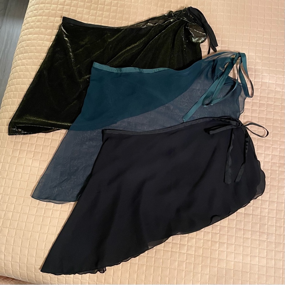 Set of Three Ballet Wrap Skirts in Solid Black, Hunter Green & Black/Gold
